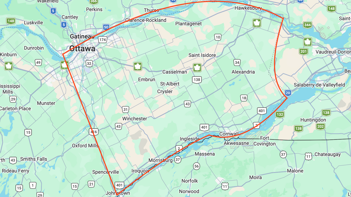 Map of Canada with a red line indicating a route between Ottawa and Montreal.