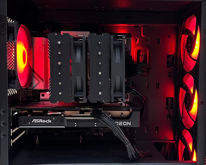 Computer case with red lighting and Montech branding